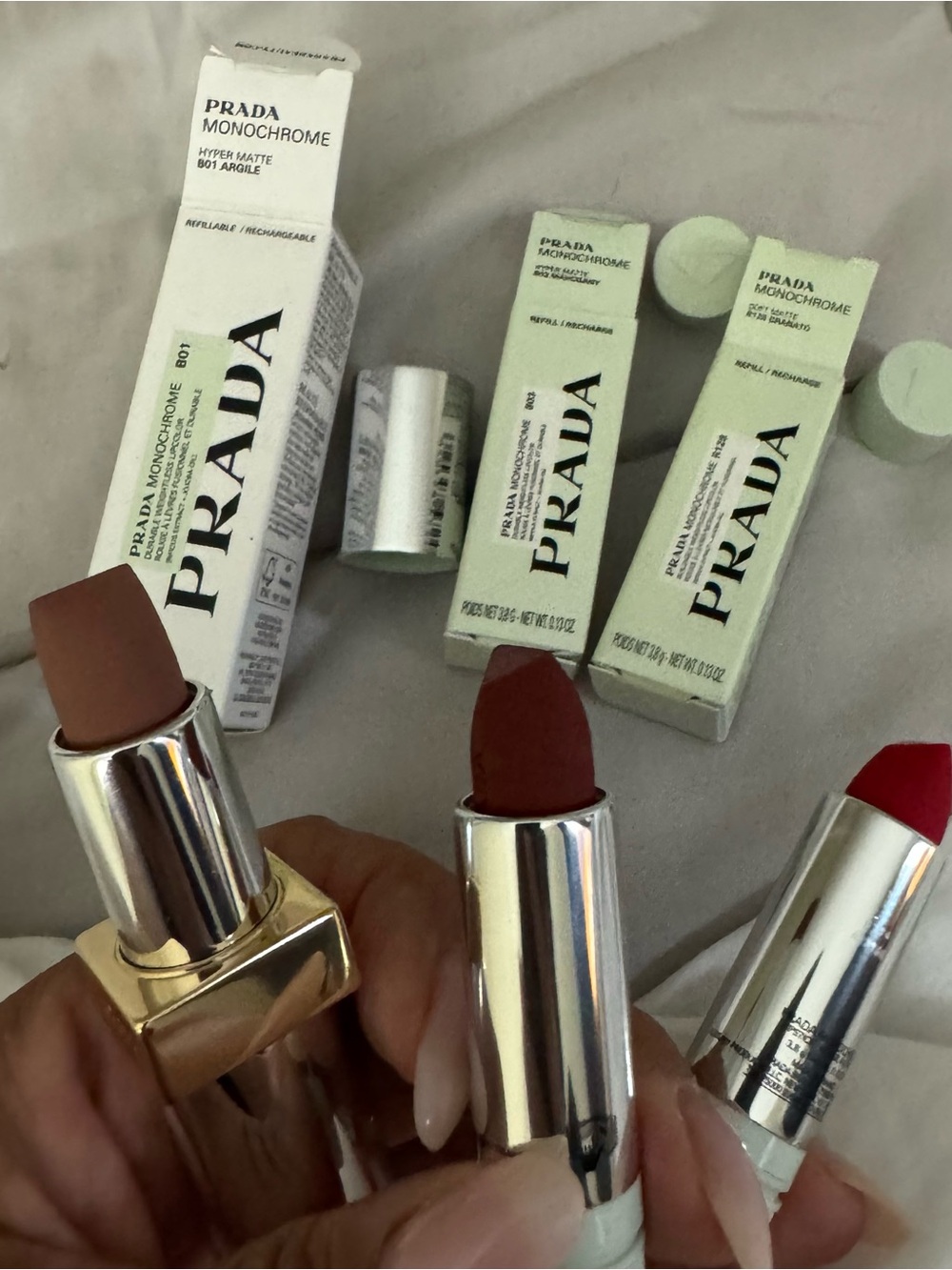 Prada Monochrome Lipstick Set — Nude Beige, Warm Mauve, Classic Red